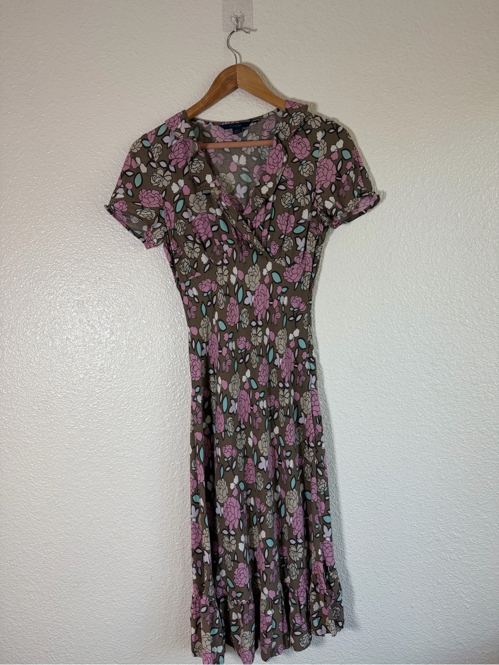 BODEN Brown Floral V-Neck Ruffle Hem Short Sleeve Dress Size 10R